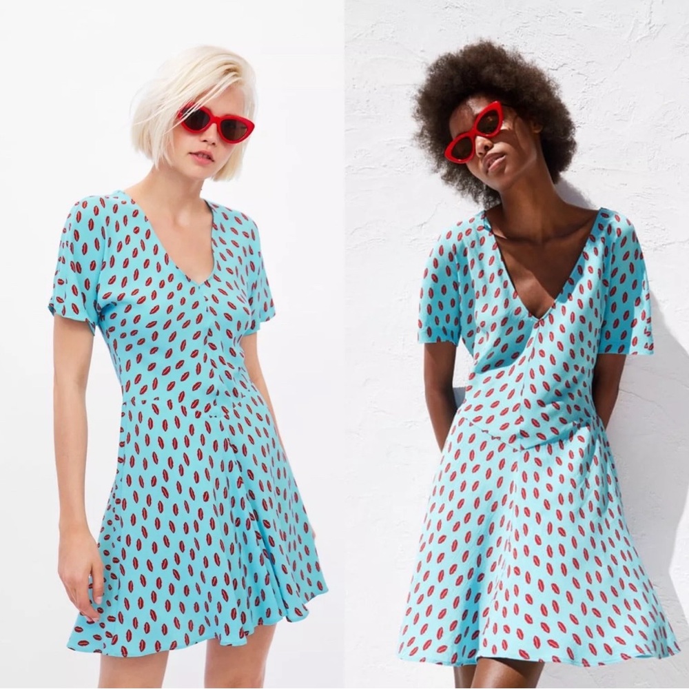 Zara Kiss Lip Printed Blue Dress Sz XS